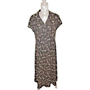 Casual Corner Annex Black White Floral Maxi Dress Sweetheart Collar Button Vneck